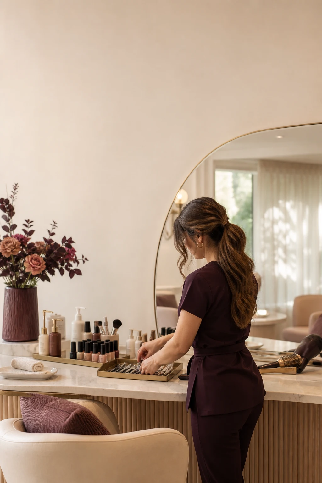 Profissional preparando um salão de beleza acolhedor