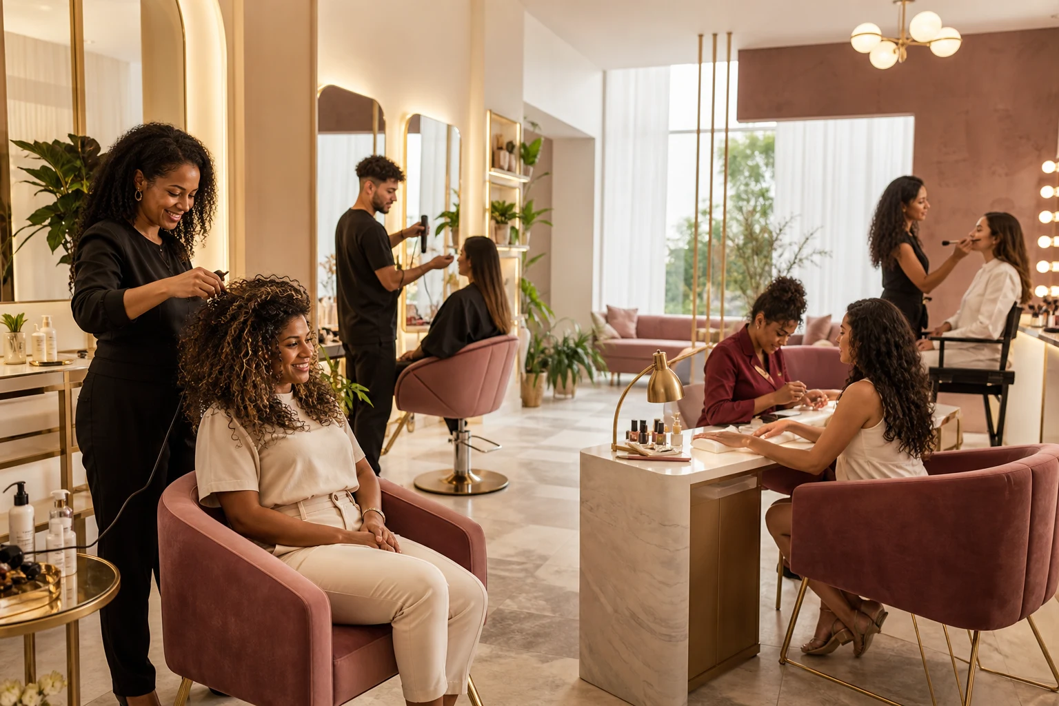 Equipe diversa trabalhando em um salão Beauty Hub